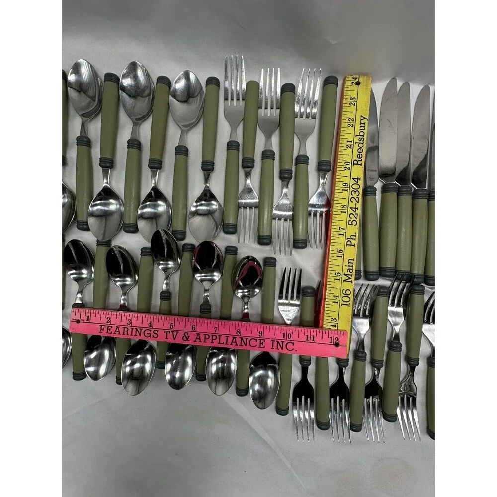 Pfaltzgraff SPHERE Stainless Plastic Charcoal Green Flatware Set Flaws 46 Pieces